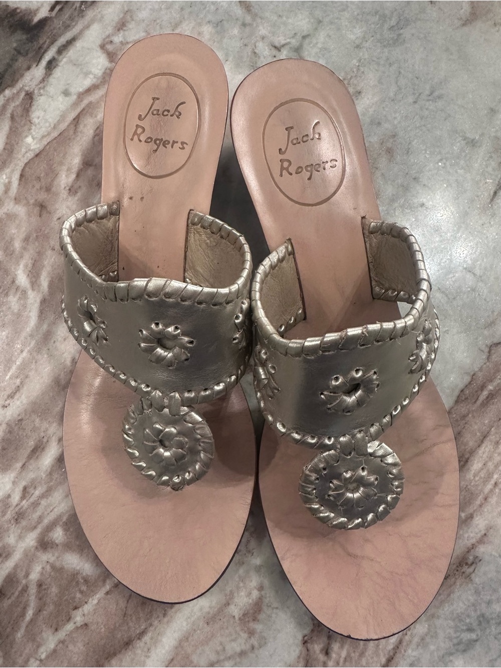 Jack Rogers Gold Leather Thong Sandals with Medallion Accent